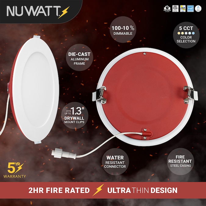 NUWATT 2 Hour Fire Rated Lights White 6-in 1200-Lumen Switchable Round Dimmable LED Canless Damp Rated Recessed Downlight (12-Pack) - Image 5