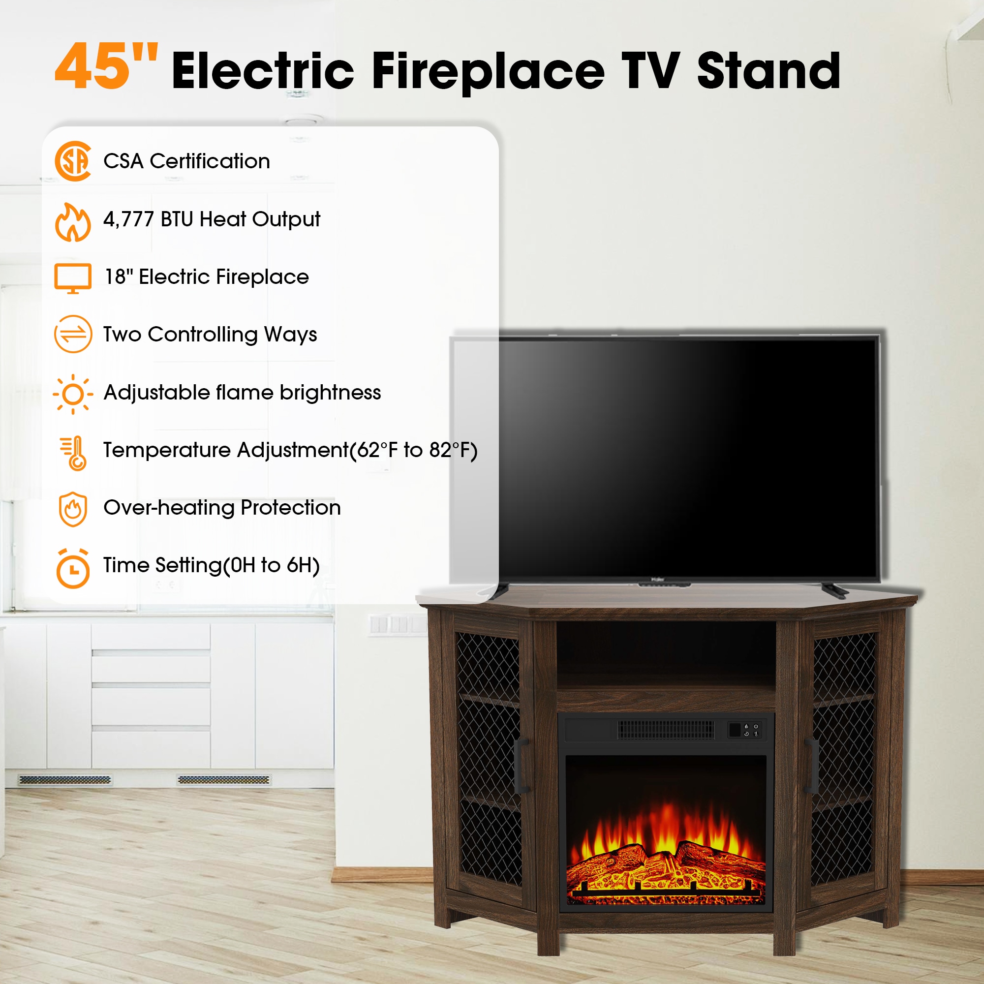 45-in W Dark Walnut TV Stand with LED Corner or flat wall Electric Fireplace with Remote Control Included - Image 4