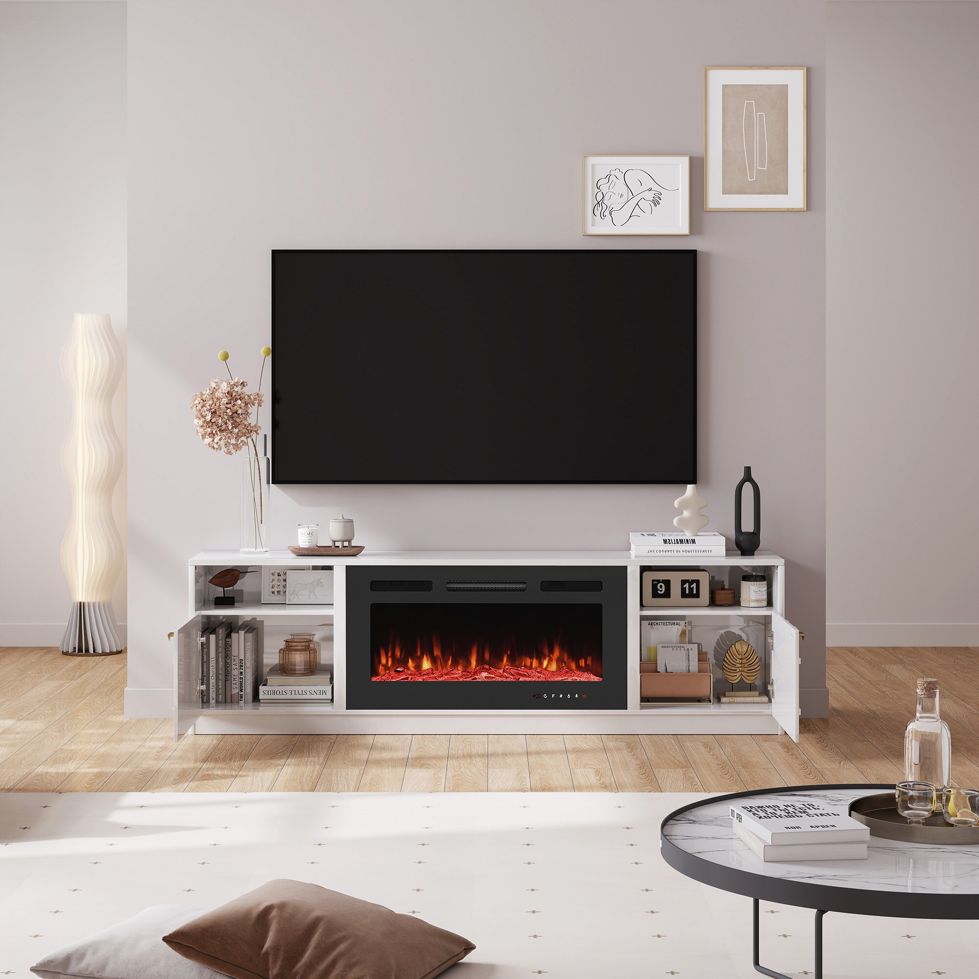 70.08-in W White TV Stand with Fan-forced Flat wall Electric Fireplace with Remote Control Included - Image 4
