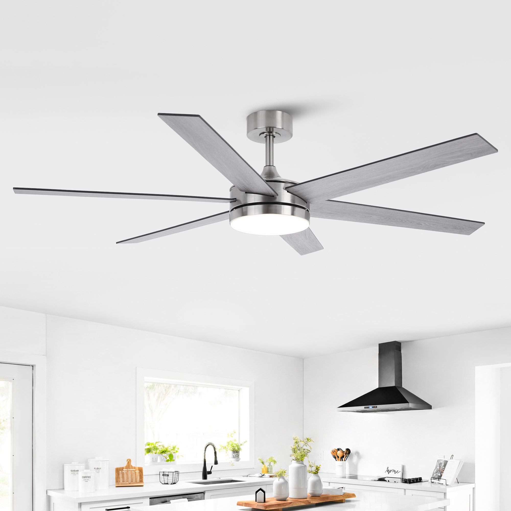 60-in Color-Changing Integrated LED Nickel with Gray Blades Ceiling Fan With Light and Remote ( 6 -Blade )