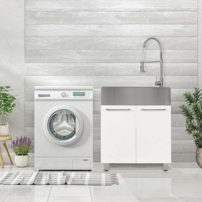 Presenza 28-in x 22-in 1-Basin Brushed Steel Drop-In Utility Tub with Faucet - Image 11