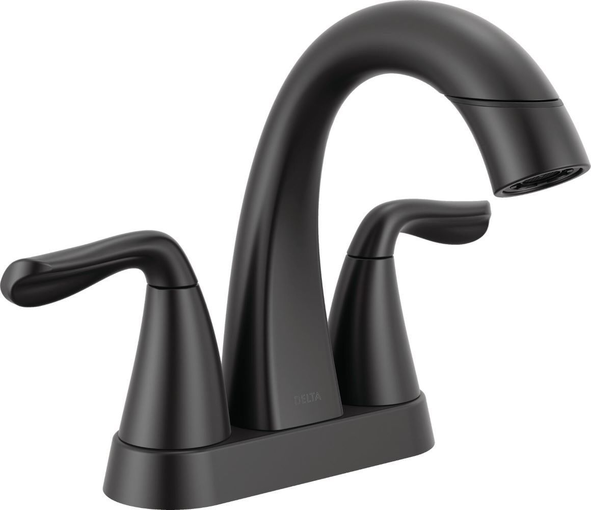 Arvo Matte Black 4-in centerset 2-handle WaterSense Mid-arc Residential Handle Pull-down Bathroom Sink Faucet with Drain