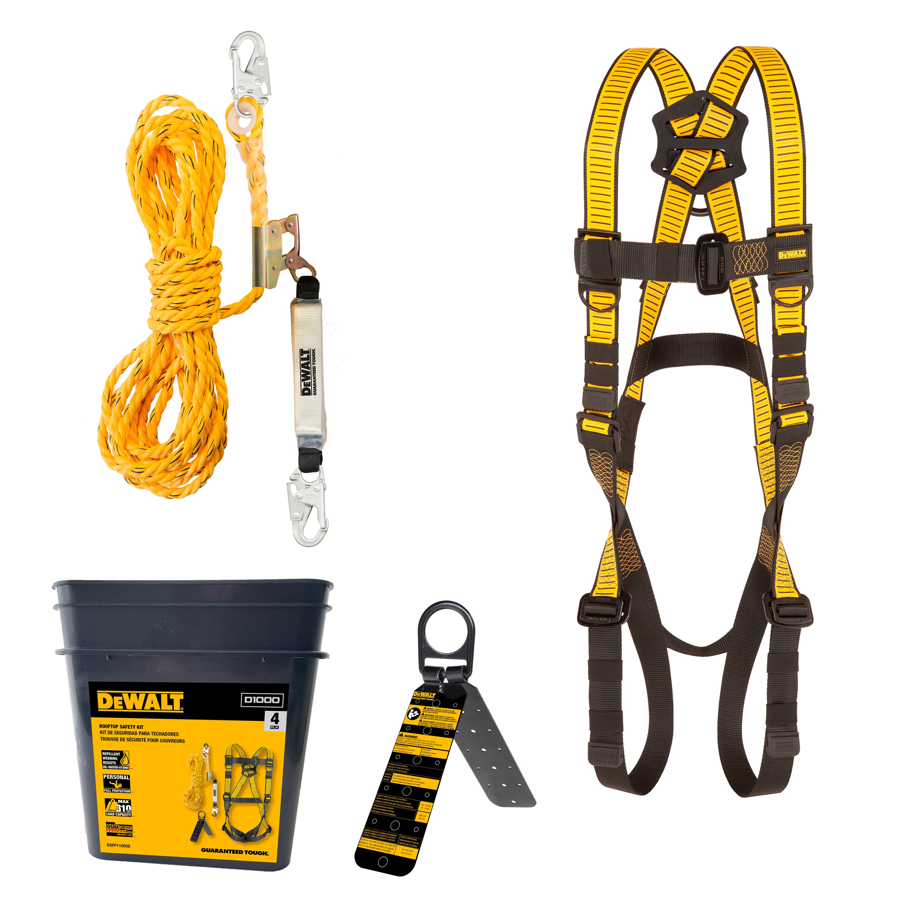Dewalt Rooftop Safety Kit Includes D1000 Harness with Pt Legs, 50' Vertical Lifeline W/rope Adjustor and Reusable Rooftop Anchor