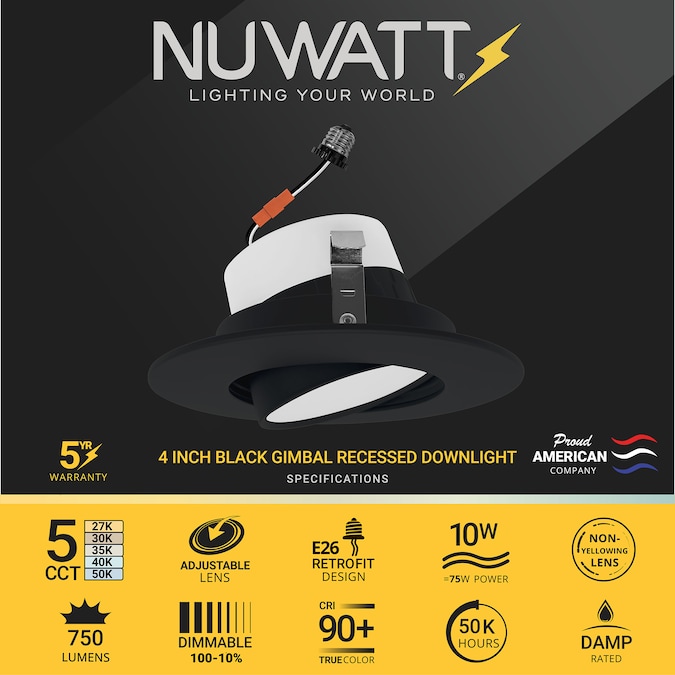 NUWATT 2700K-5000K Gimbal Retrofit 4-in Black 4-in 750-Lumen Switchable Round Dimmable LED Canned Wet Rated Recessed Downlight (6-Pack) - Image 3