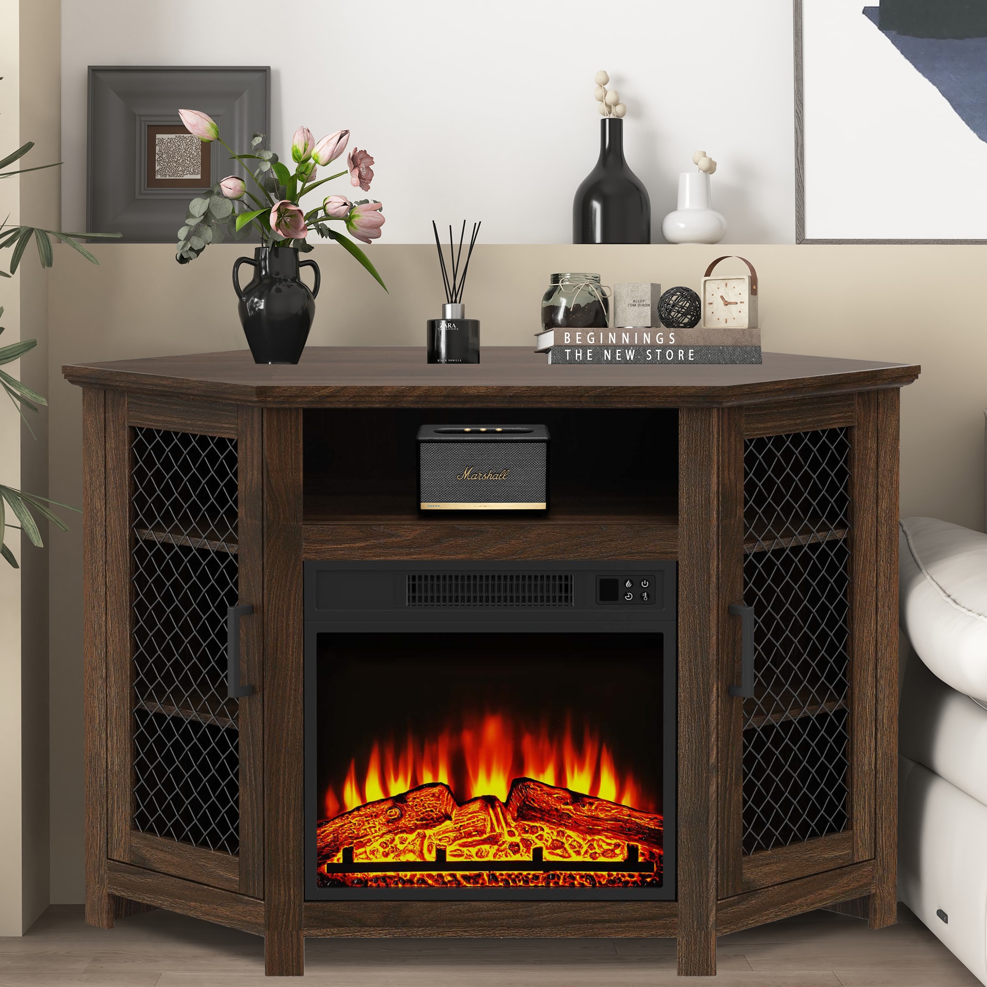 45-in W Dark Walnut TV Stand with LED Corner or flat wall Electric Fireplace with Remote Control Included - Image 3