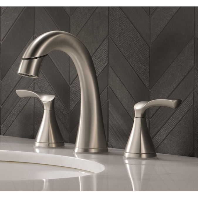 Delta Sandover Pulldown Spotshield Brushed Nickel Widespread 2-Handle WaterSense Pull-down Bathroom Sink Faucet with Drain