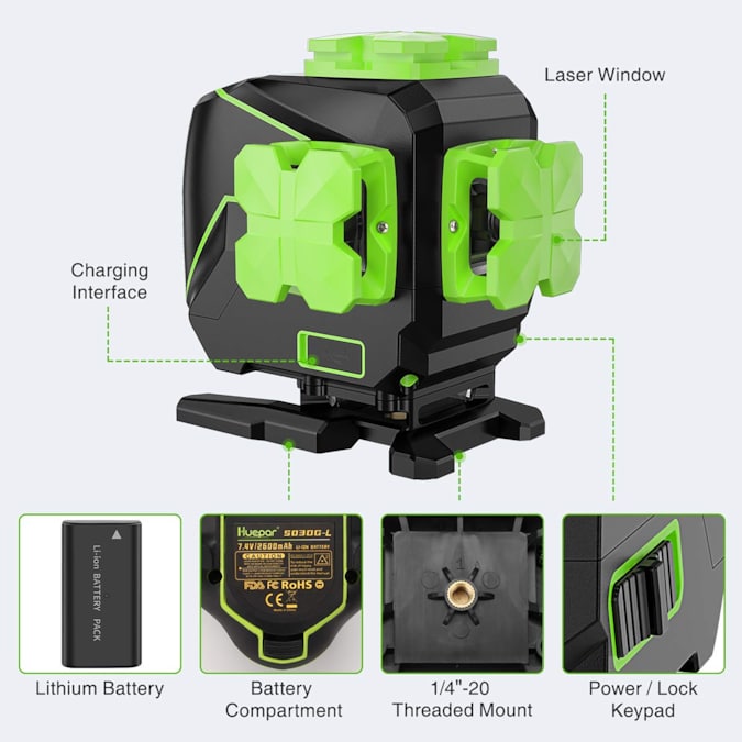 Huepar 200-ft Green Self-Leveling Cross-line Laser Level - Image 8