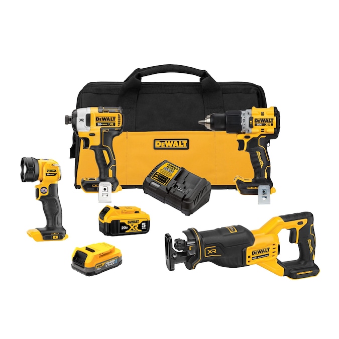 DEWALT 20V MAX XR Brushless 4-Tool Combo Kit with POWERSTACK Compact Battery, 5.0Ah Battery, Charger and Tool Bag
