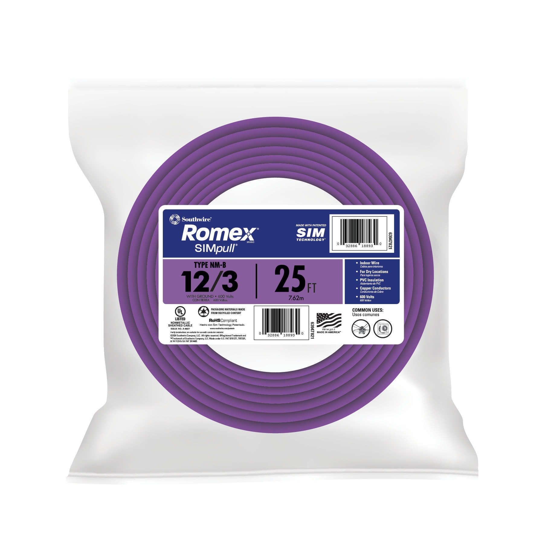 25-ft 12 / 3 / Romex SIMpull Stranded Indoor CU NM-B W/G Individual pack ( By-the-roll )