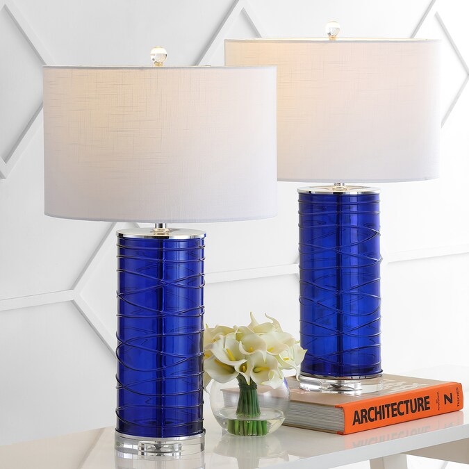 JONATHAN  Y Cole Modern Fused Glass Cylinder Coastal Glam 27.5-in Cobalt Led, Rotary Socket Table Lamp with Linen Shade (Set of 2)