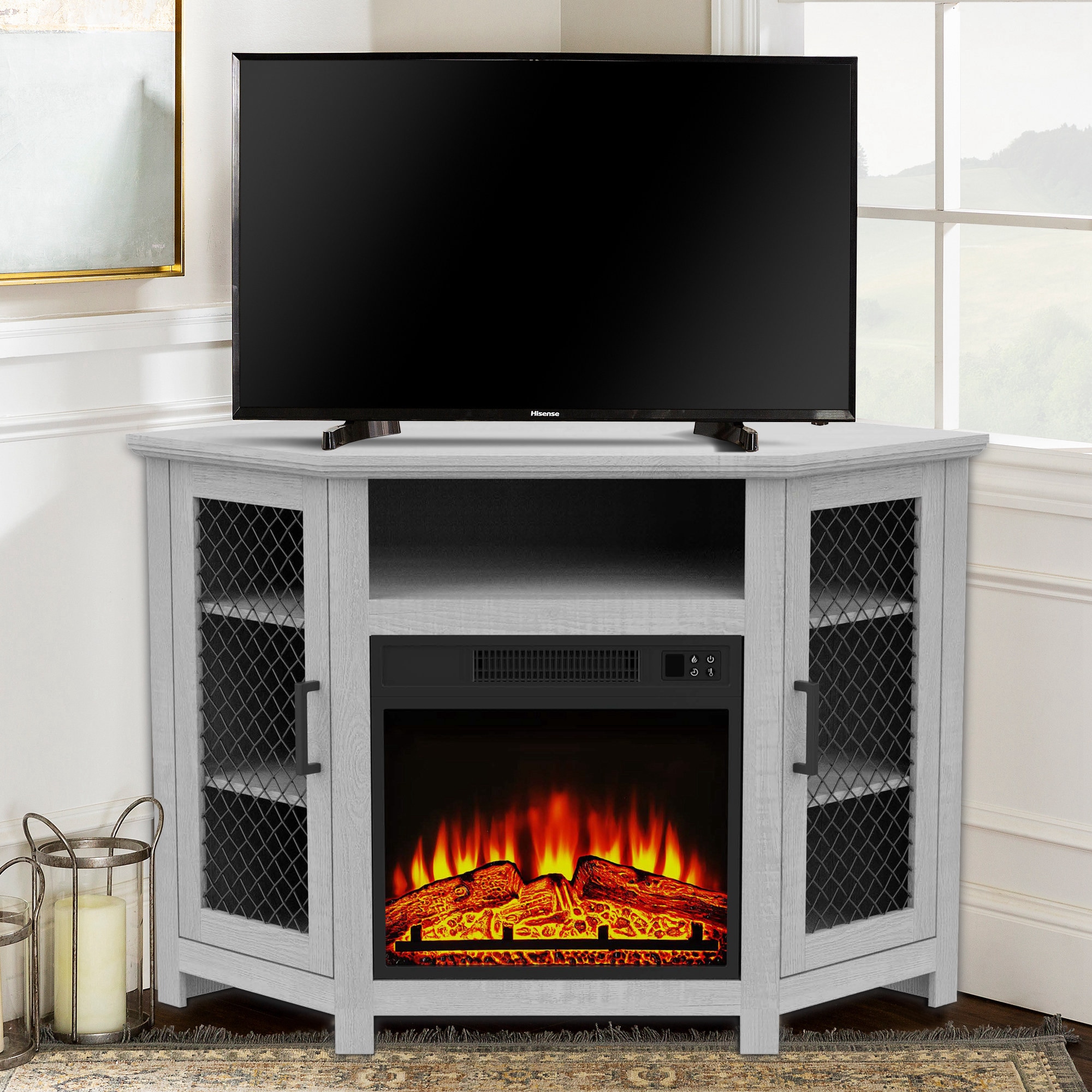 45-in W Gray TV Stand with LED Corner or flat wall Electric Fireplace with Remote Control Included - Image 9