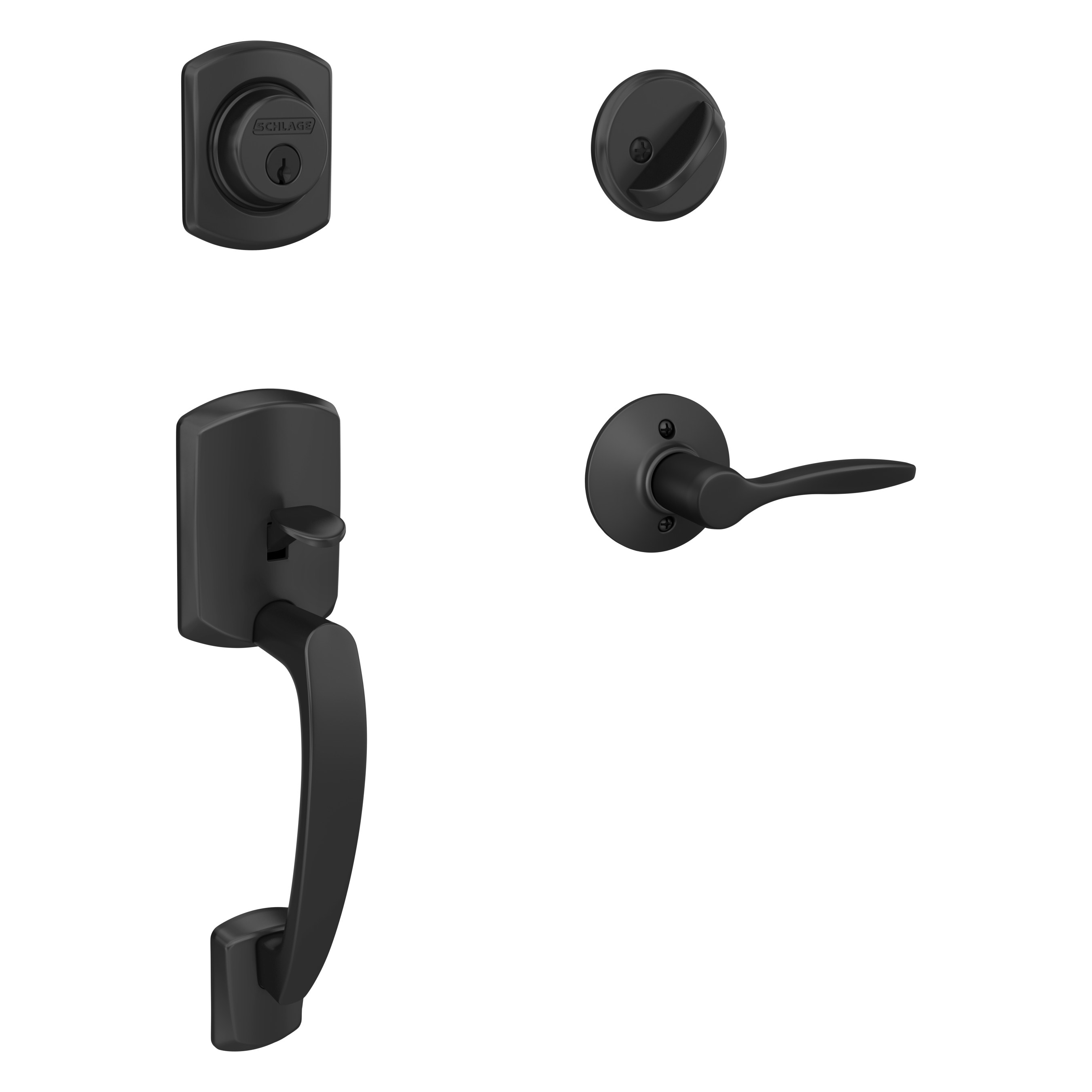 Greenwich-Delfayo Matte Black Single-Cylinder Deadbolt Entry door handleset with Decorative Lever