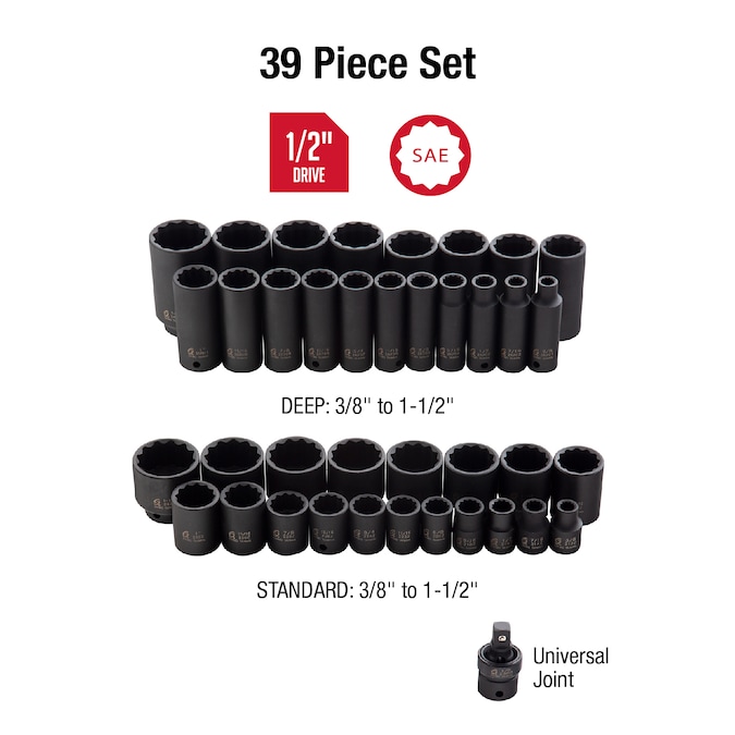 SUNEX TOOLS 39-Piece Standard (SAE) 1/2-in Drive Set 12-point Impact Socket Set - Image 2