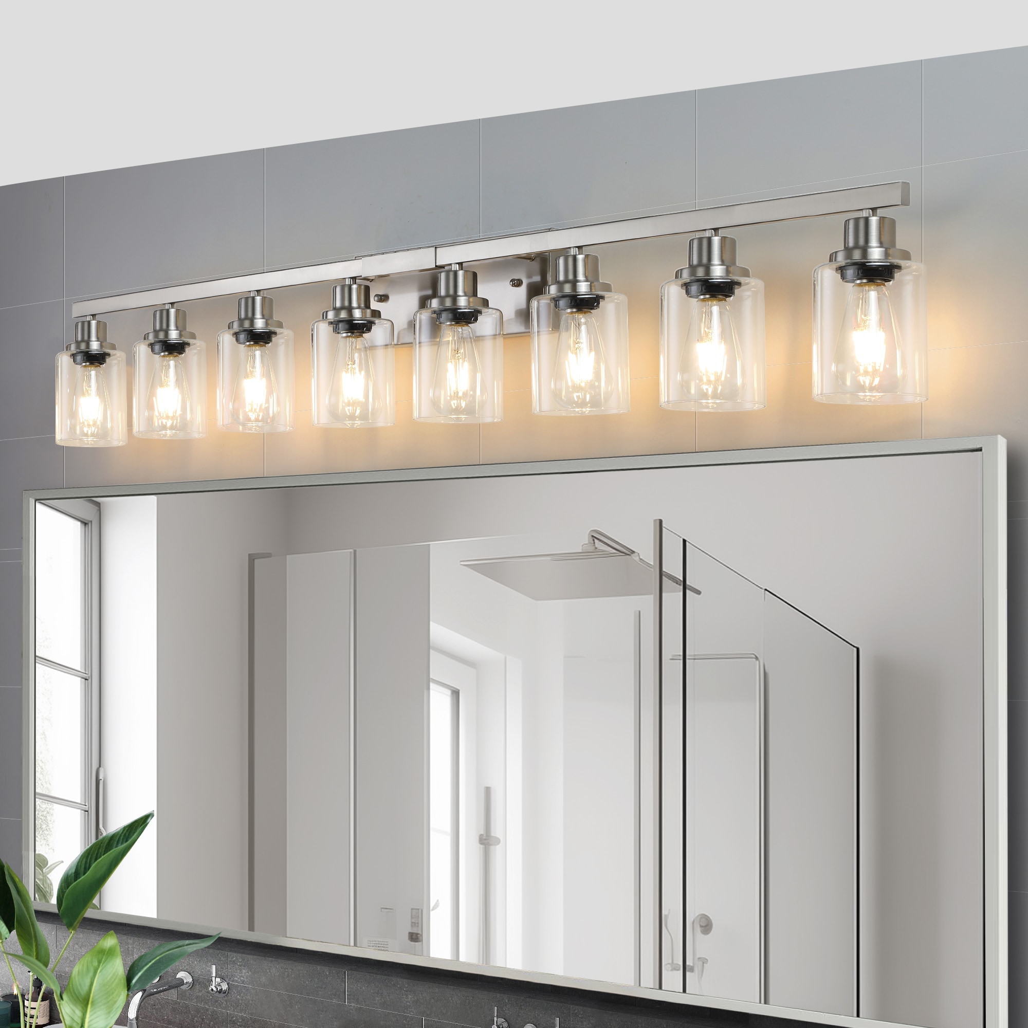 Vanity Light with Clear Glass Shades 51.2-in 8 -Light Brushed Nickel Modern/contemporary Vanity light