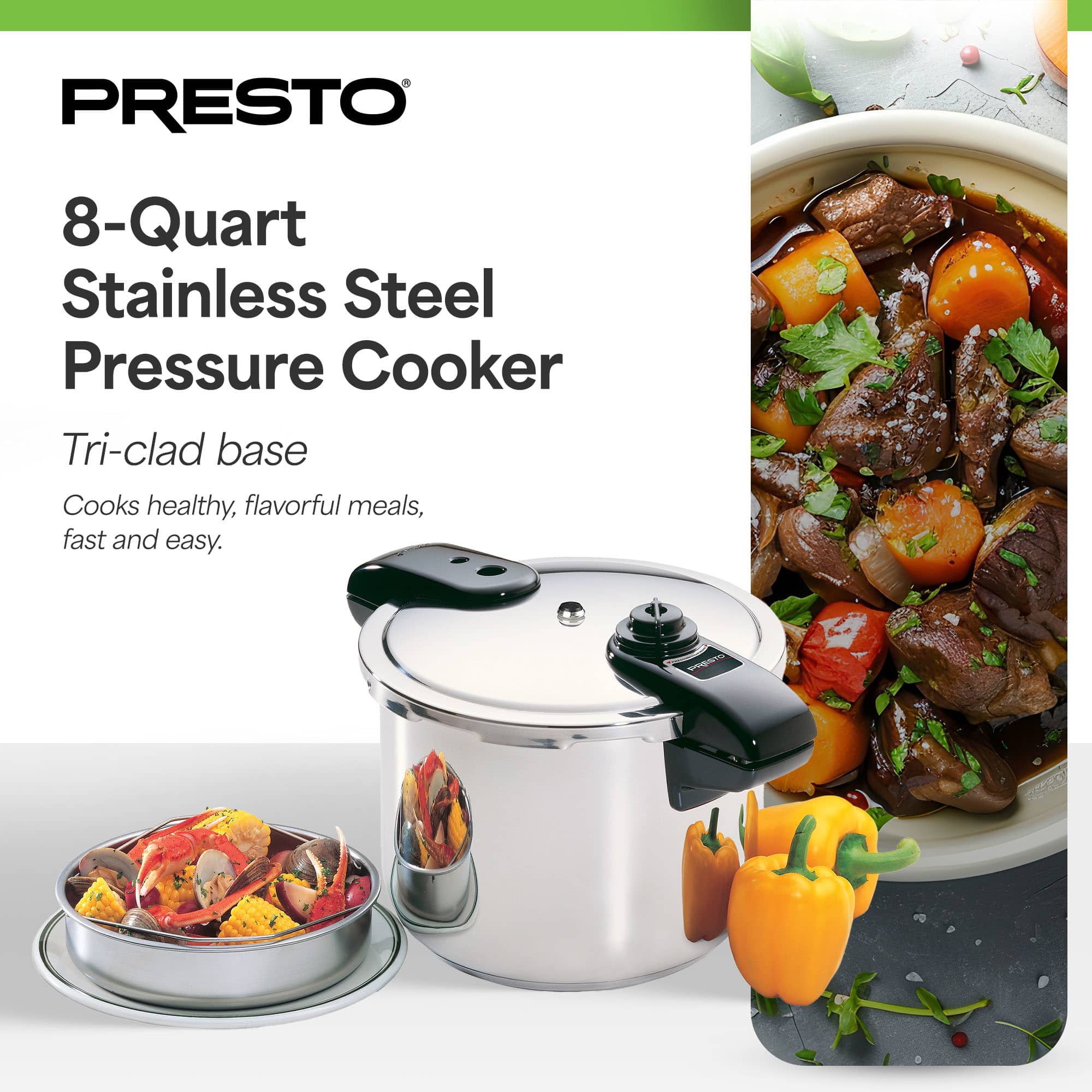 8 Quart Stainless Steel Pressure Cooker Tri Clad Base Silver - Image 2