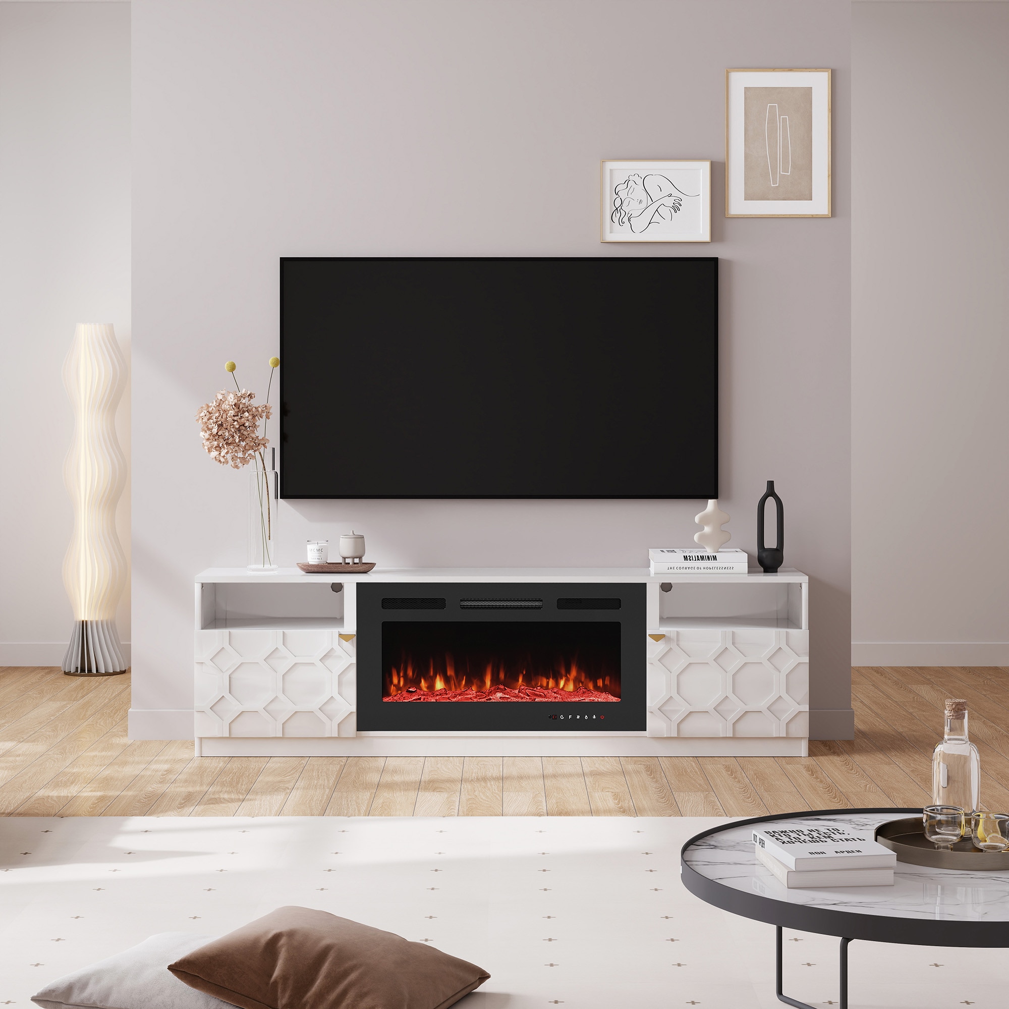70.08-in W White TV Stand with Fan-forced Flat wall Electric Fireplace with Remote Control Included - Image 2