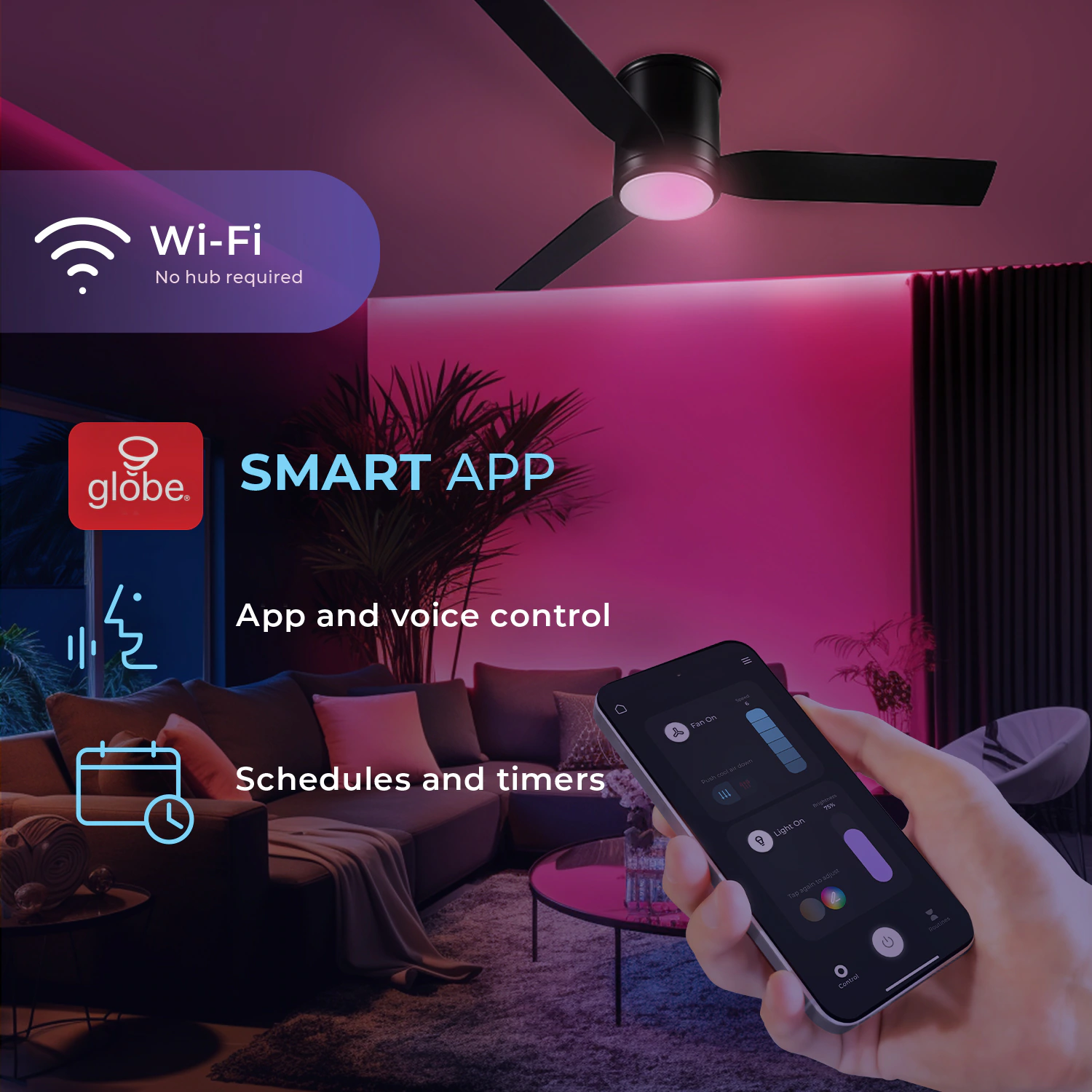 Caledon 52-in Color-Changing Integrated LED Outdoor Flush Mount Smart Black with Matte Black Blades Ceiling Fan With Light - Remote Included ( 3 -Blade ) - Image 3