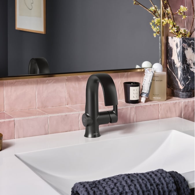 Moen Doux Matte Black Single Hole 1-Handle WaterSense Bathroom Sink Faucet with Drain and Deck Plate