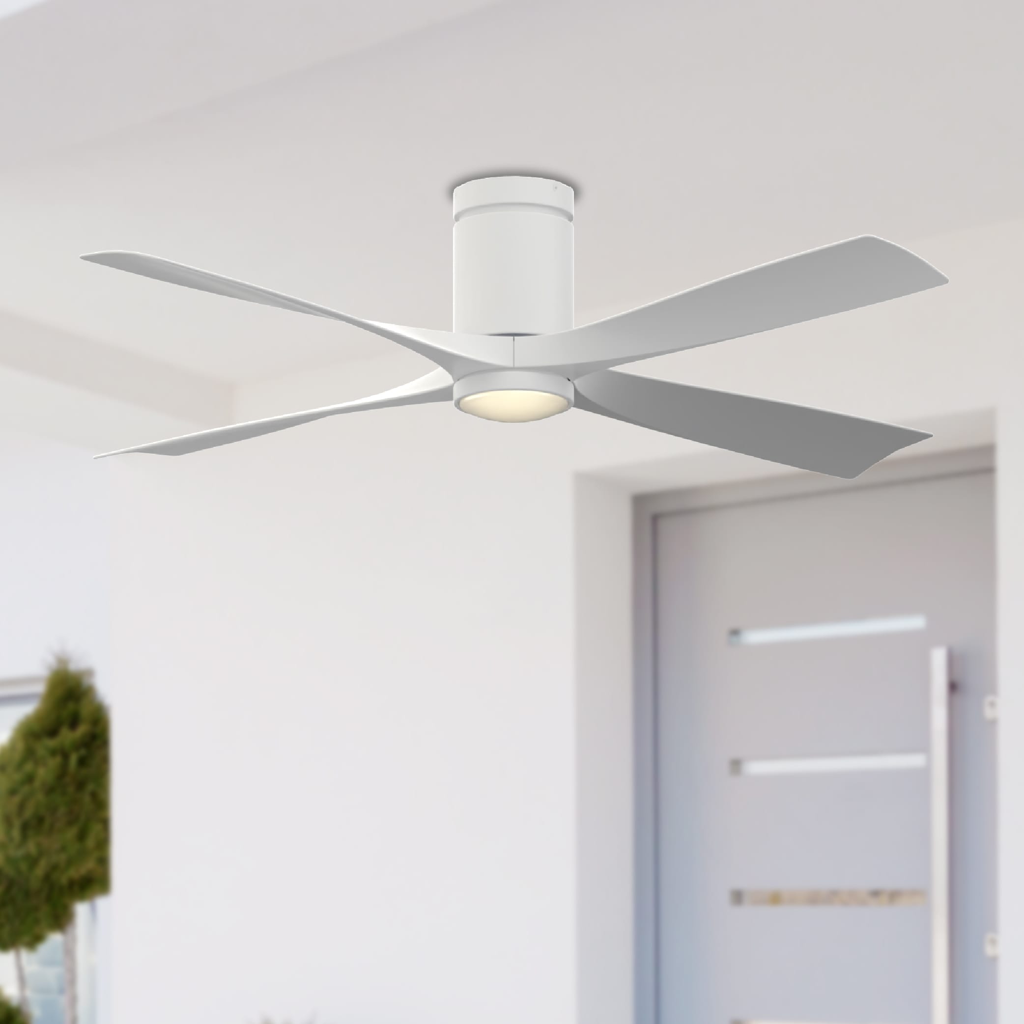 AireFlush 52-in Color-Changing Integrated LED Outdoor Flush Mount Matte White with Matte White Blades Ceiling Fan With Light - Remote Included ( 4 -Blade )