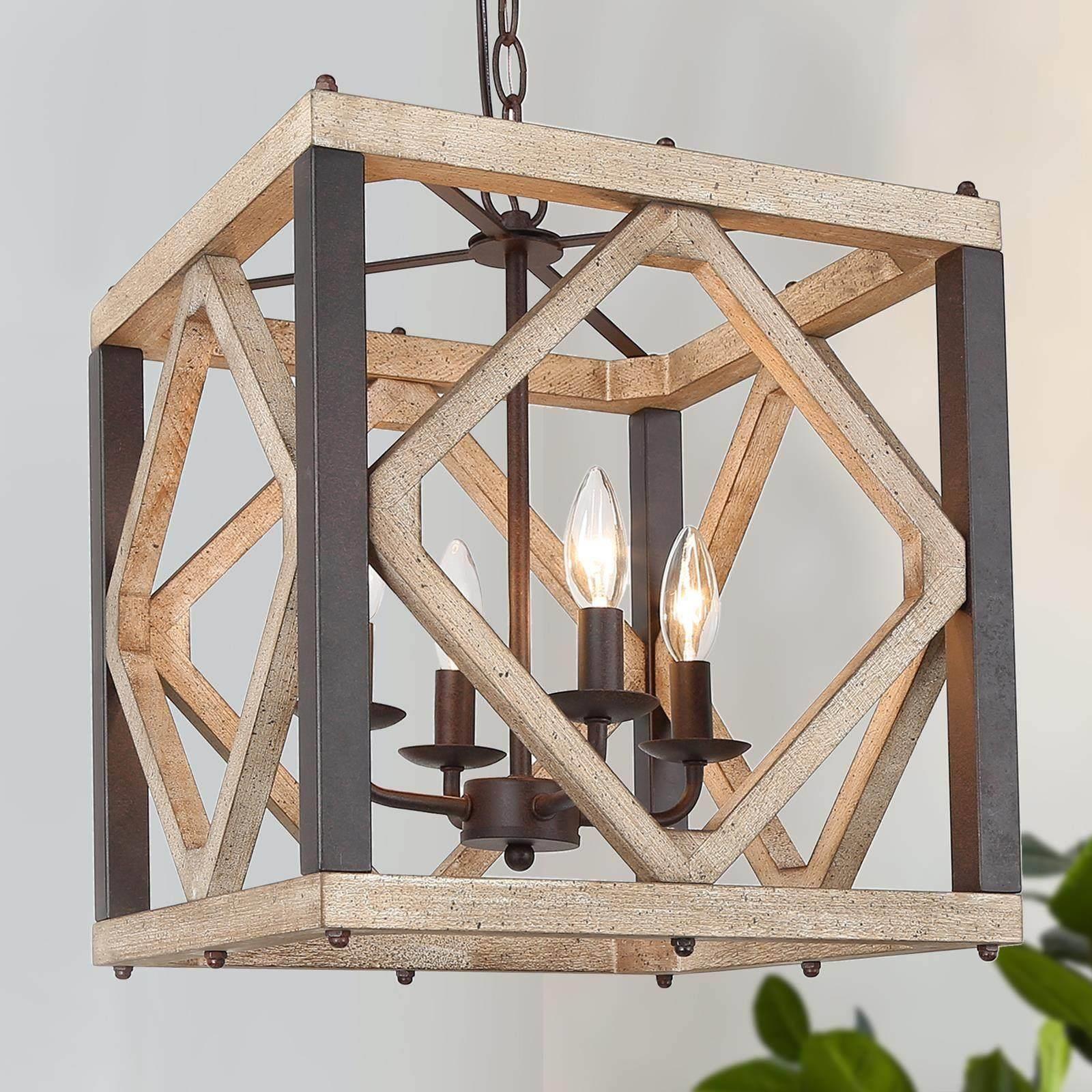 Quaint 4 -Light Distressed White Wood and Rustic Bronze Farmhouse Lantern Medium Hanging Kitchen island light