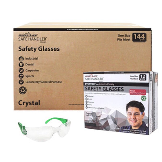 Safe Handler 144-Pack, Crystal Clear lens Green Temple Polycarbonate Safety Glasses