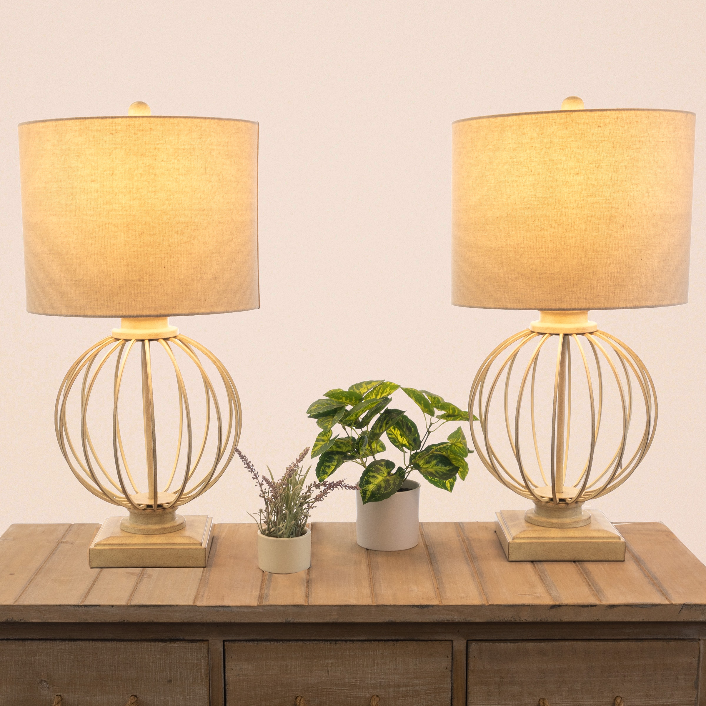 Set of 2 Table Lamps 10-Inches Sand LED Integrated Table Lamp with Linen Shade 2 -Set