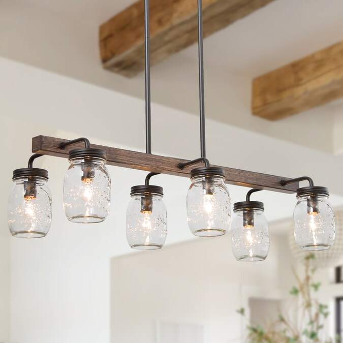 LNC Aries 6-Light Matte Black and Antique Brown Mason Jar Farmhouse Clear Glass Linear LED Large Hanging Kitchen Island Light
