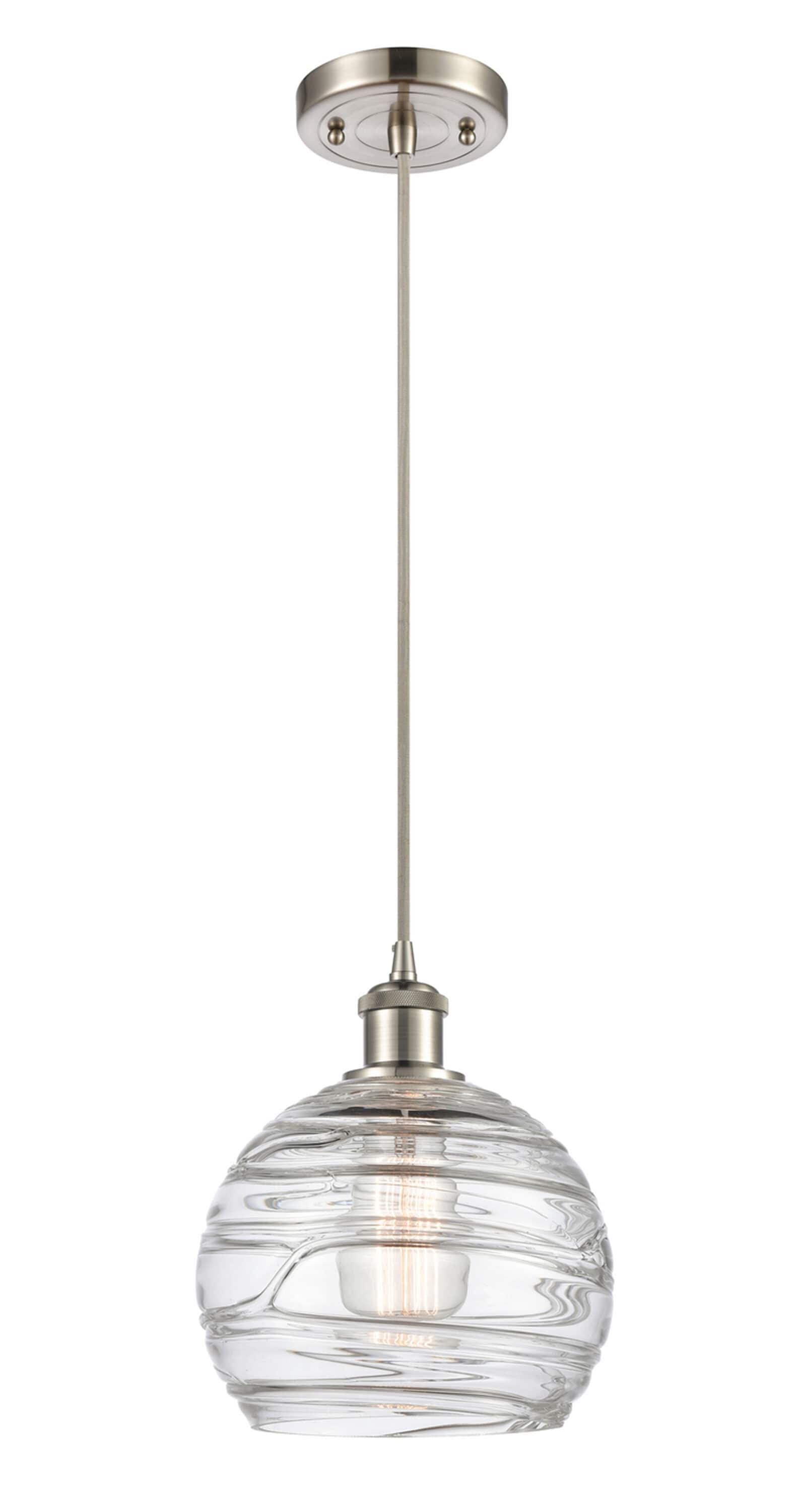 Athens Deco Swirl Clear Deco Swirl, Brushed Satin Nickel Industrial Clear glass Globe Medium Hanging Pendant light