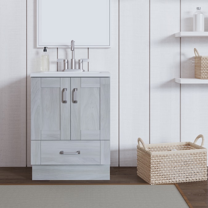 Diamond NOW Collins 24-in Elm Sky Gray Woodgrain Single Sink Bathroom Vanity with White Cultured Marble Top