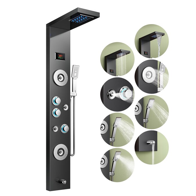 FORIOUS 55 in ST Black 20.08-in Waterfall Dual Head Shower Tower System with 3-way Diverter (Valve Included)