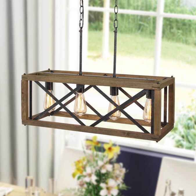 LNC Lucia 4-Light Antique Black and Brown Wood Large Dining Room Farmhouse Linear LED Large Hanging Kitchen Island Light