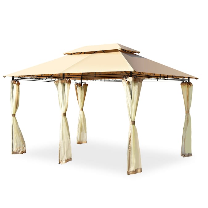 Forclover 13-ft x 10-ft Patio Double-Layer Roof Canopy Gazebo Rectangle Tan Metal Polyester Roof Semi-permanent Gazebo with Screen Included