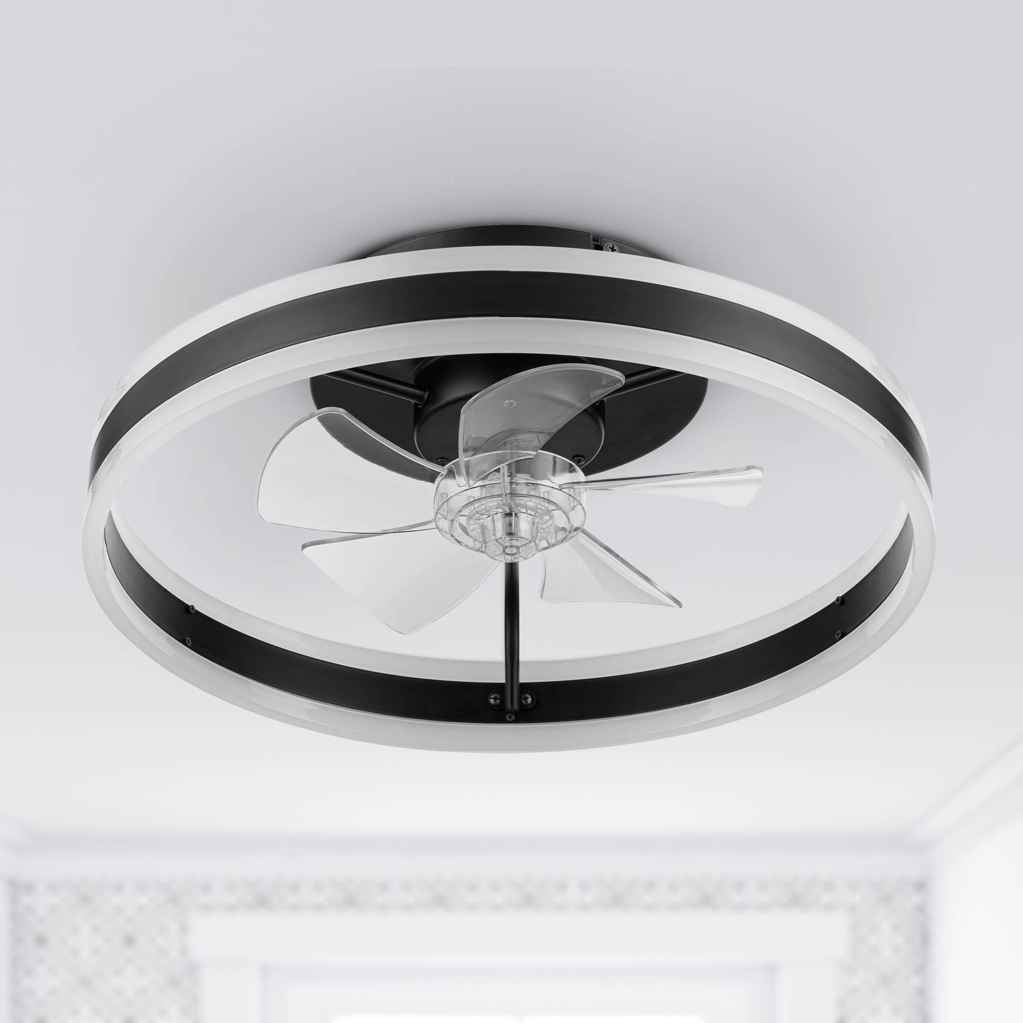 Edenmore 20-in Color-Changing Integrated LED Flush Mount Matte Black with Clear Blades Fandelier Ceiling Fan With Light - Remote Included ( 5 -Blade )