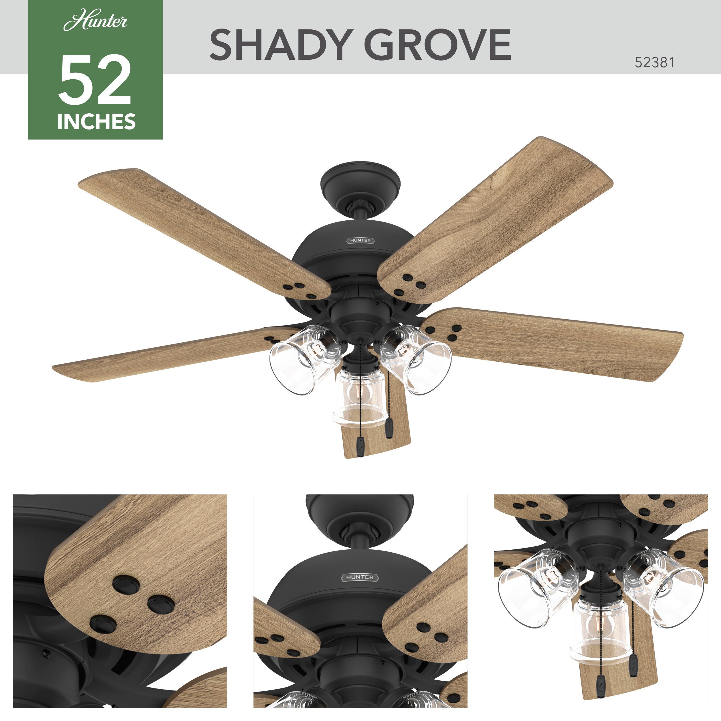Shady Grove 52-in Matte Black with Golden Maple Blades Ceiling Fan With Light ( 5 -Blade ) - Image 2