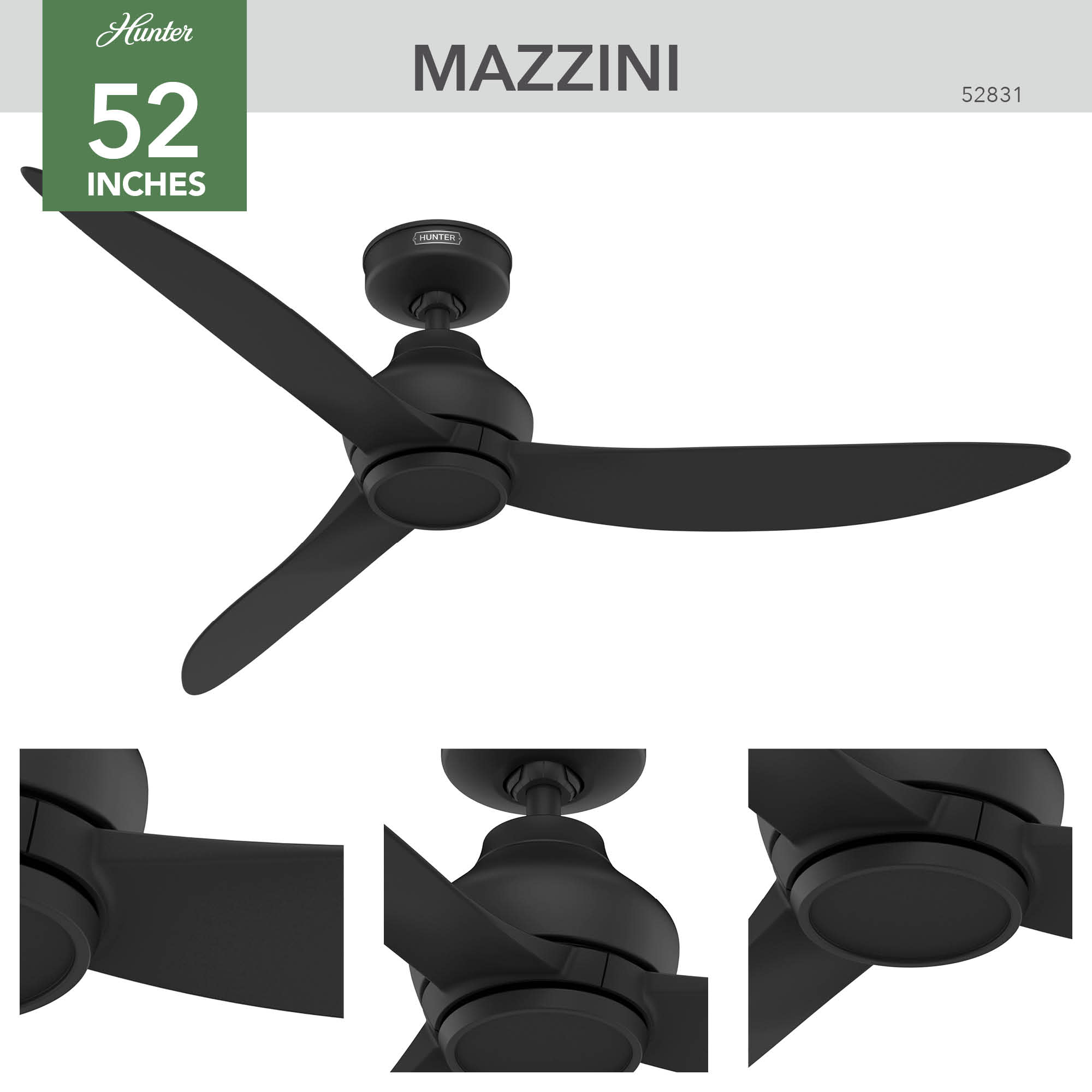 Mazzini ENERGY STAR 52-in Outdoor Matte Black with Matte Black Blades Propeller Ceiling Fan Without Light - Remote Included ( 3 -Blade ) - Image 5