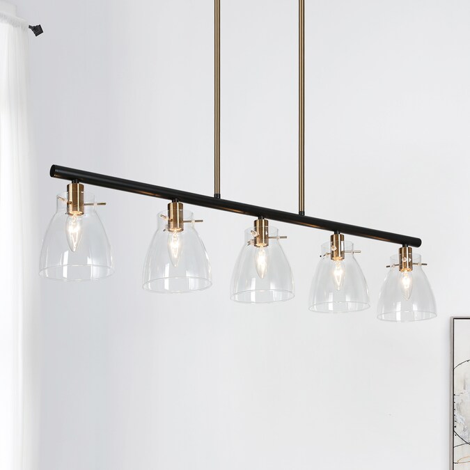 ZEVNI Sedia Modern Farmhouse 5-Light Matte Black/Polished Gold Linear Modern/Contemporary Clear Glass Linear LED Large Hanging Kitchen Island Light
