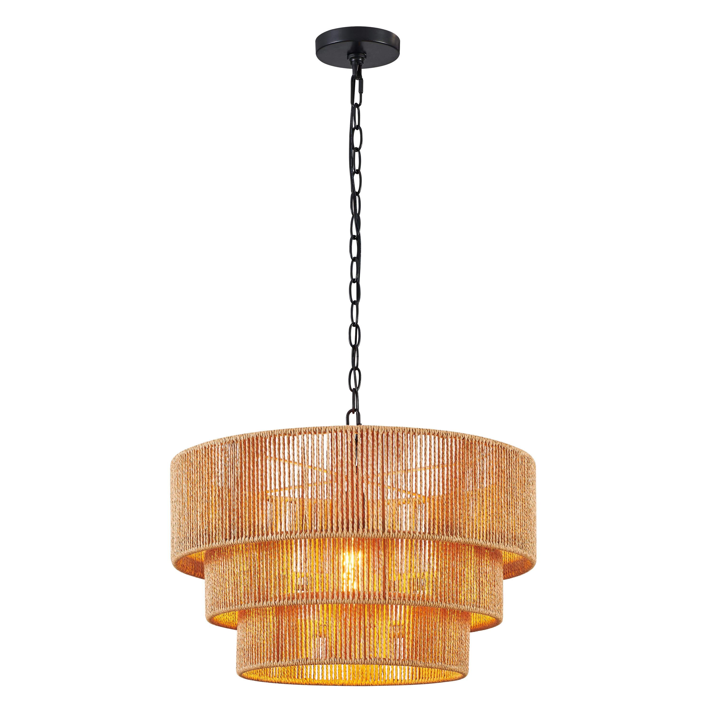 Luceo Matte Black Canopy With Brown Shade Coastal Drum Medium Hanging Pendant light