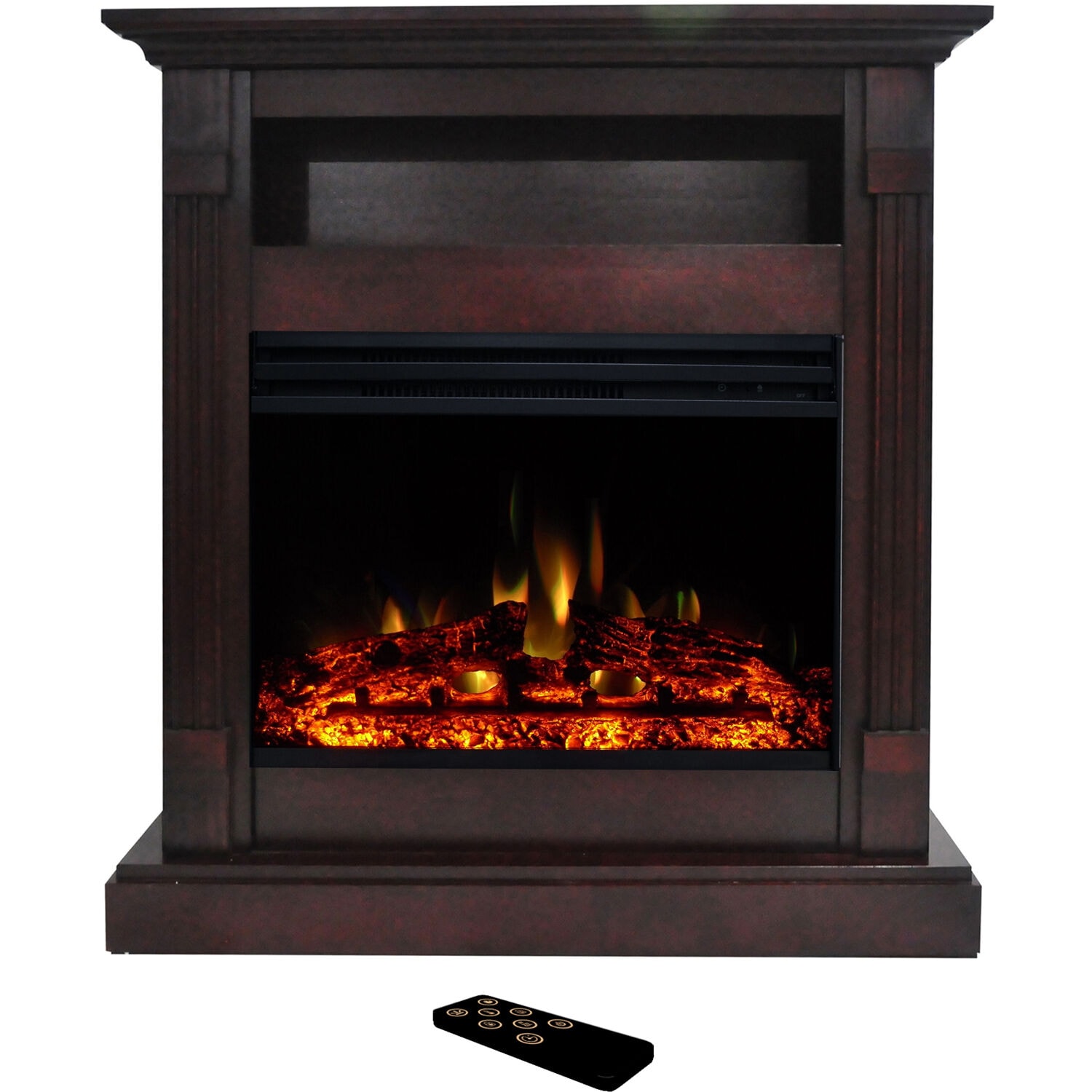 33.9-Inches W Mahogany Free standing Fan-forced Flat wall Electric Fireplace with Remote Control Included