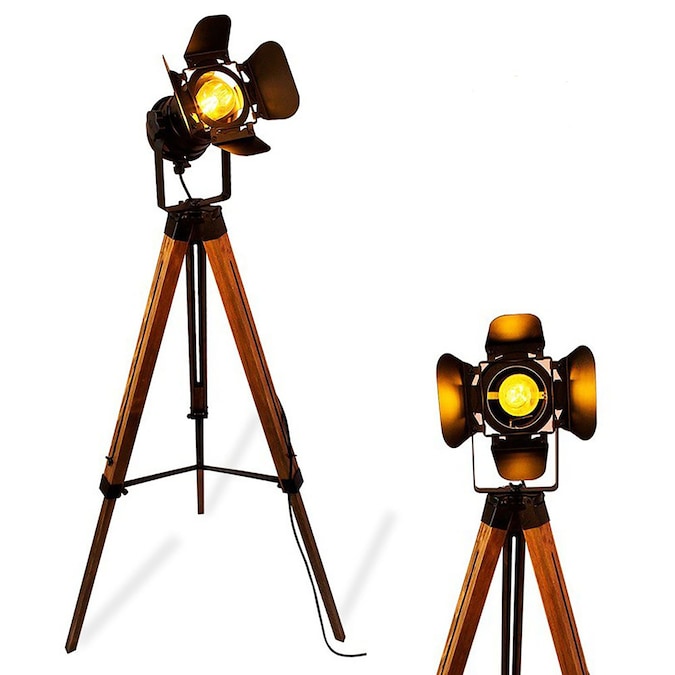 SUNLLOK wooden floor lamp 55-in Black Tripod Floor Lamp