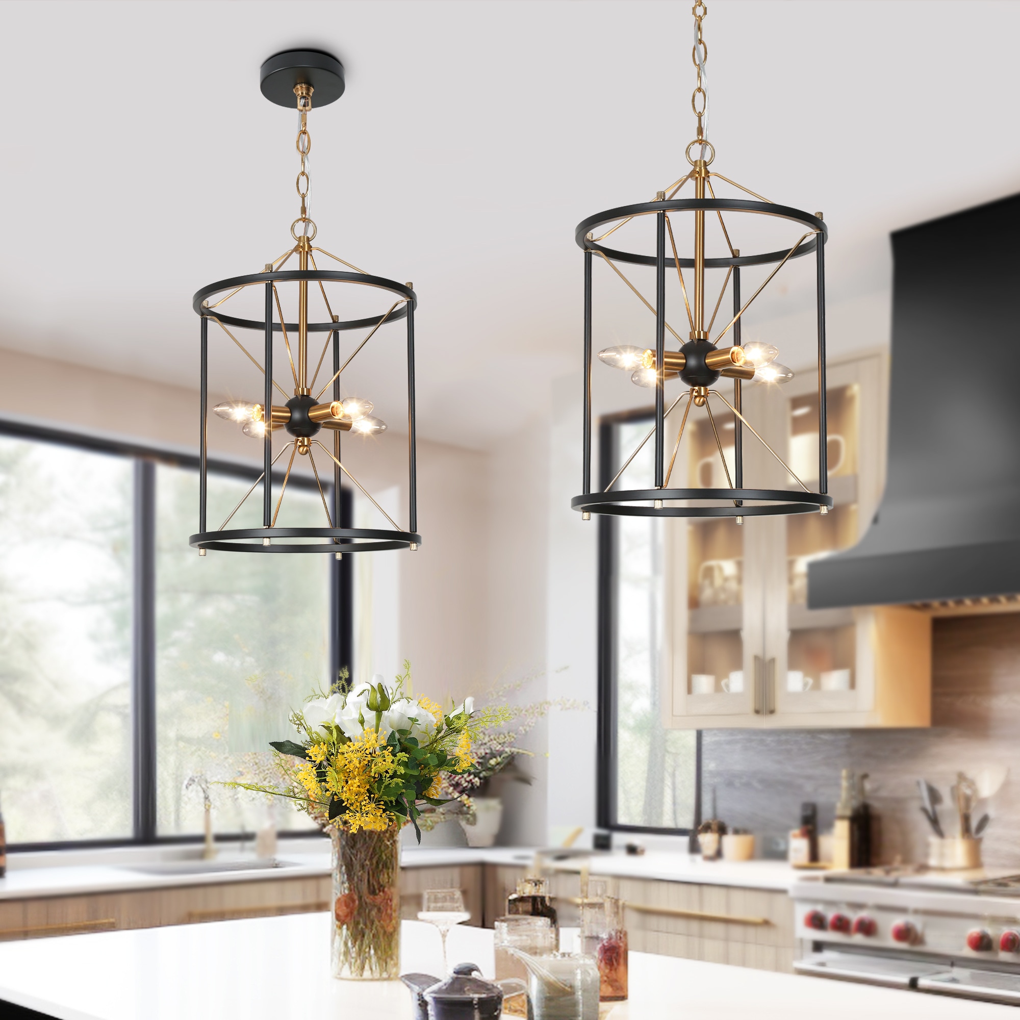 Byran 4 -Light Matte Black/Polished Brass Lantern Mid-century Drum Mini Hanging Pendant light