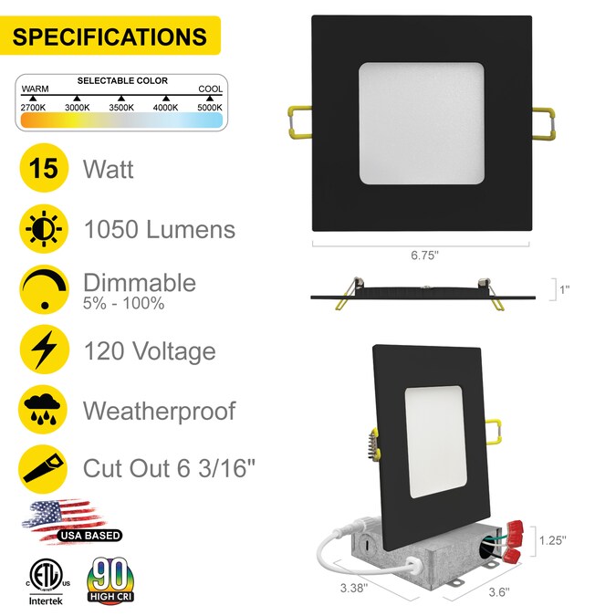 NUWATT Square Trim Ultra Slim Airtight IC Wafer Light Black 6-in 1050-Lumen Switchable Square Dimmable LED Canless Shower Recessed Downlight (6-Pack) - Image 2