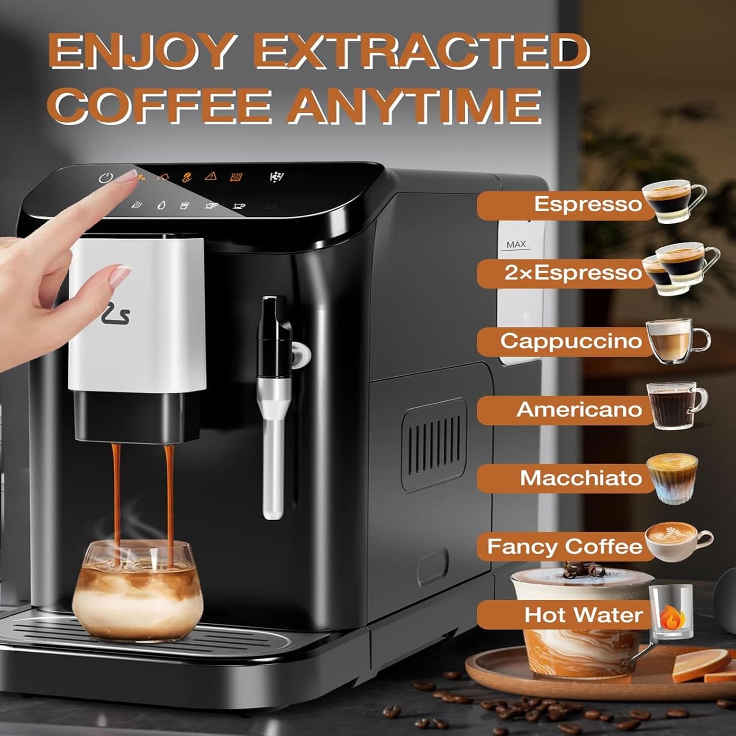 Fully automatic espresso machine with milk frother built-in coffee bean grinder 20 bar touch screen coffee machine with 15 litre water tank (manual milk frother) - Image 8