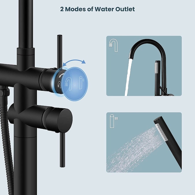 BWE Matte Black 2-handle Freestanding High-arc Bathtub Faucet with Hand Shower (Valve Included) - Image 5