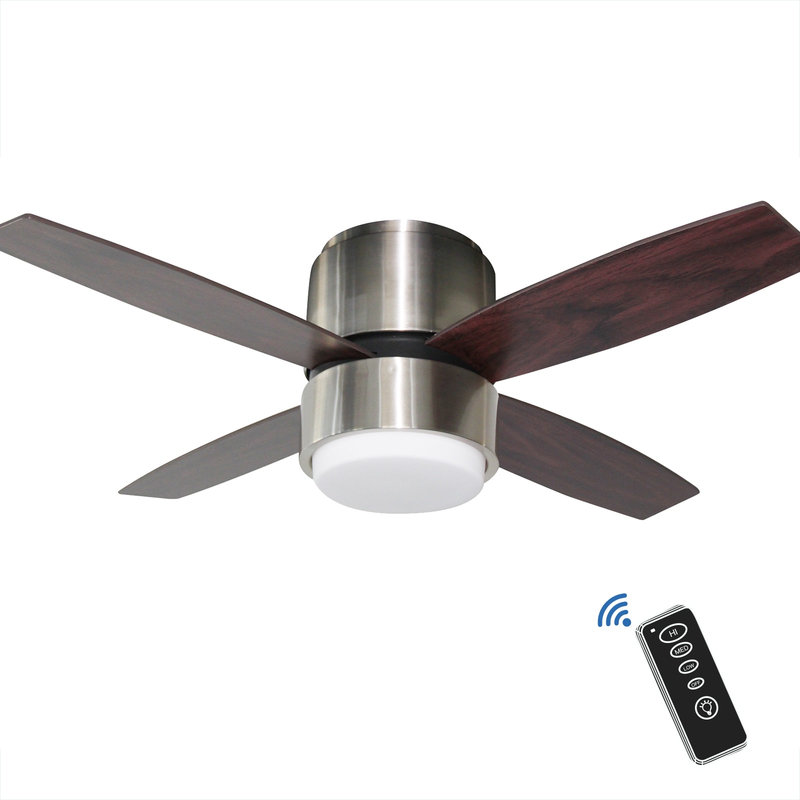 Prism 42-in Integrated LED Flush Mount Brushed NIckel with Black accent with Teak finish Blades Ceiling Fan With Light and Remote ( 4 -Blade )