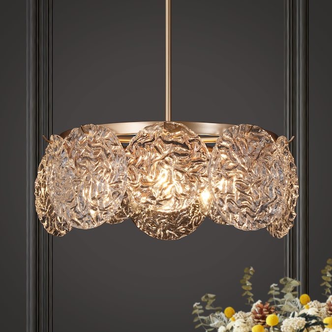 ZEVNI Glassie 5-Light Matte Gold Art Glass Drum Farmhouse Textured Glass Drum LED Medium Hanging Pendant Light