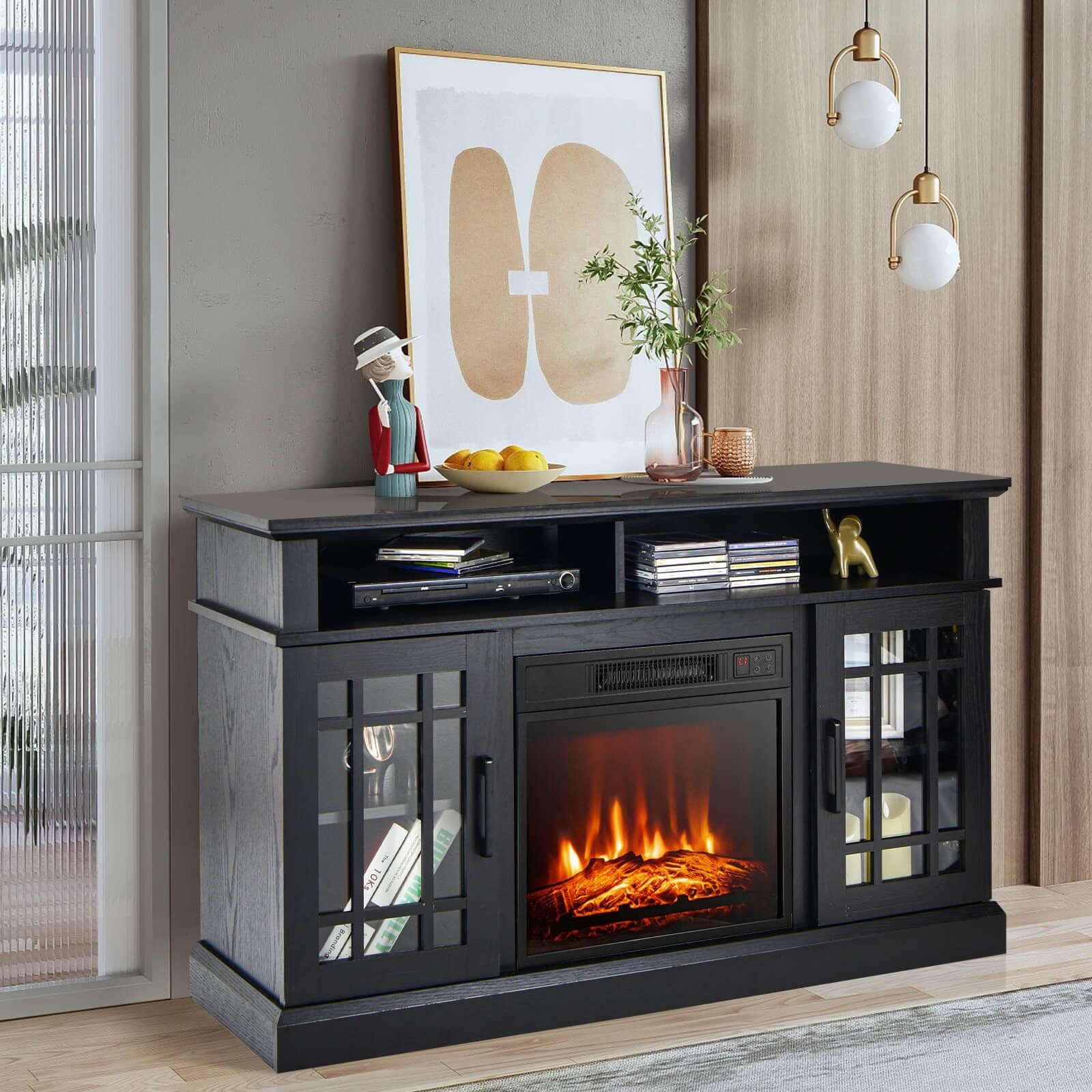 48-in W Black TV Stand with Fan-forced Corner or flat wall Electric Fireplace with Remote Control Included