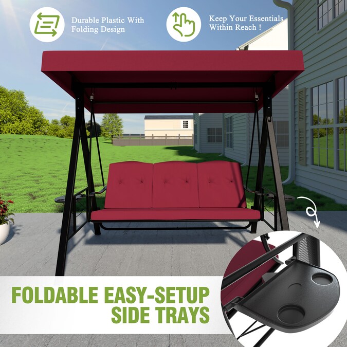 VEIKOUS Included side trays 3-person Wine Red Steel Outdoor Swing - Image 7