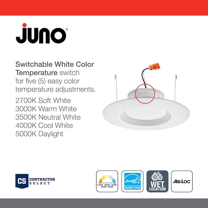 Juno RetroBasics Matte 5-in or 6-in 650-Lumen Switchable White Round Dimmable LED Canned Shower Recessed Downlight (6-Pack) - Image 3