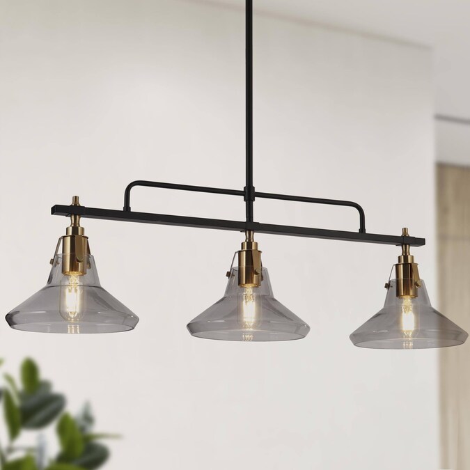 ZEVNI Kasper 3-Light Matte Black and Polished Brass Gold Transitional Tinted Glass Linear LED Large Hanging Kitchen Island Light