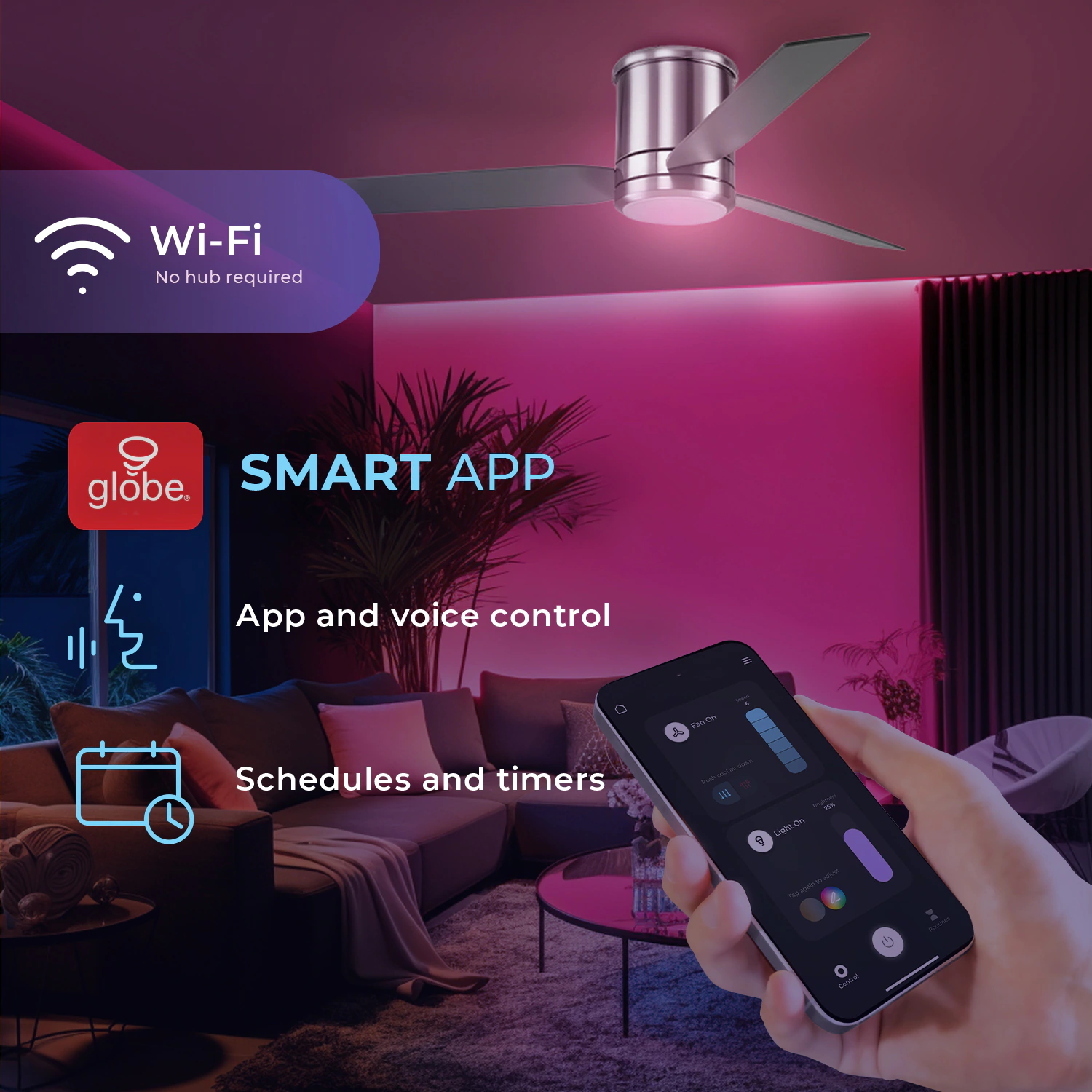 Caledon 52-in Color-Changing Integrated LED Outdoor Flush Mount Smart Brushed Nickel with Gray Blades Ceiling Fan With Light - Remote Included ( 3 -Blade ) - Image 3